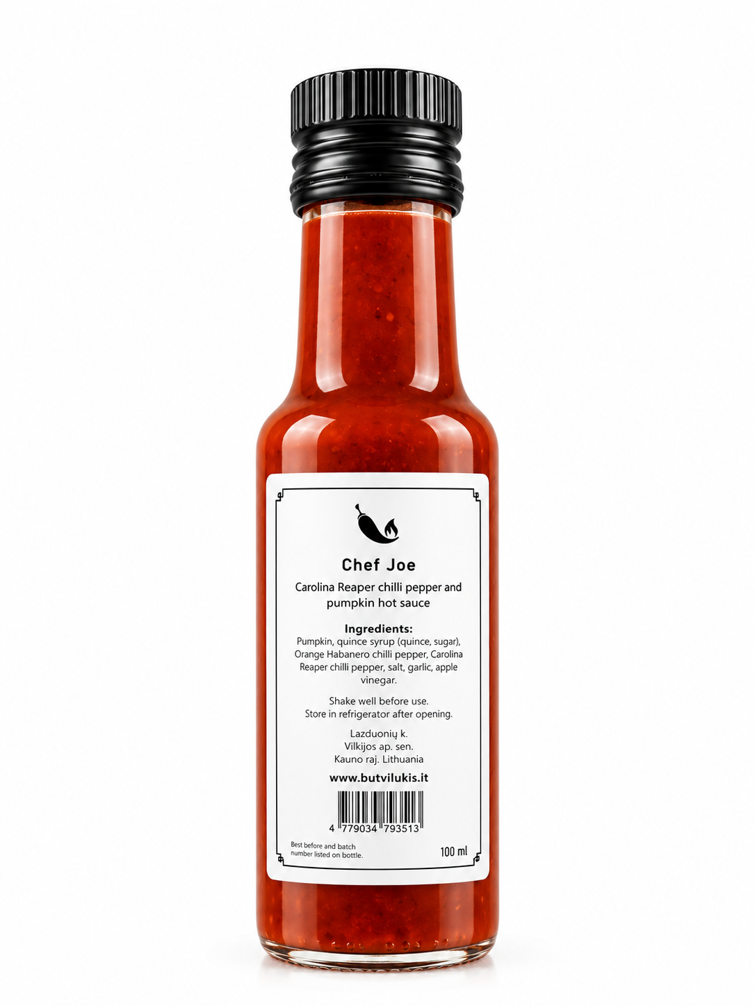 Carolina Reaper & Pumpkin Sauce 100 ml - Chef Joe Butvilu - etiqueta trasera