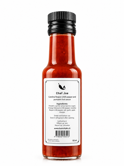 Carolina Reaper & Pumpkin Sauce 100 ml - Chef Joe Butvilu - etiqueta trasera