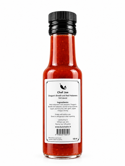 Dragon's Breath & Red Habanero Sauce 100 ml - Chef Joe Butvilu - etiqueta trasera